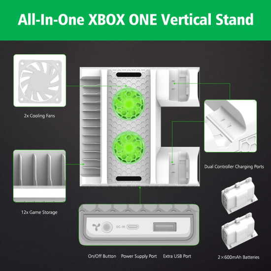 OIVO Vertical Cooling Stand Cooler Cooling Fan with 2PACK 600mAh Batteries-Games Storage-Dual Controller Charging Dock Station - White - Xbox One / S / X