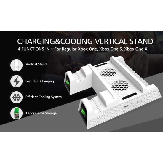 OIVO Vertical Cooling Stand Cooler Cooling Fan with 2PACK 600mAh Batteries-Games Storage-Dual Controller Charging Dock Station - White - Xbox One / S / X