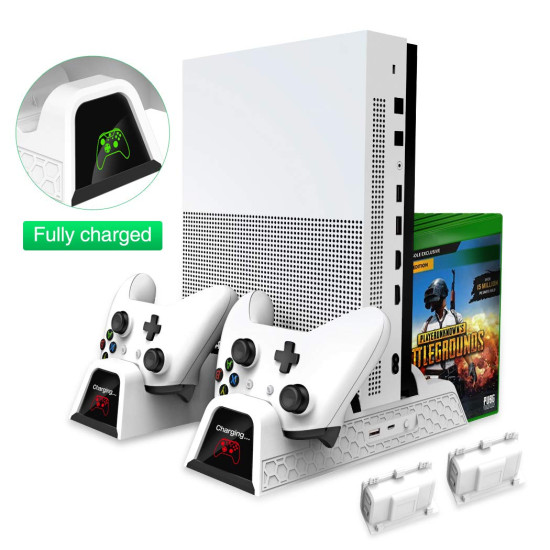 OIVO Vertical Cooling Stand Cooler Cooling Fan with 2PACK 600mAh Batteries-Games Storage-Dual Controller Charging Dock Station - White - Xbox One / S / X